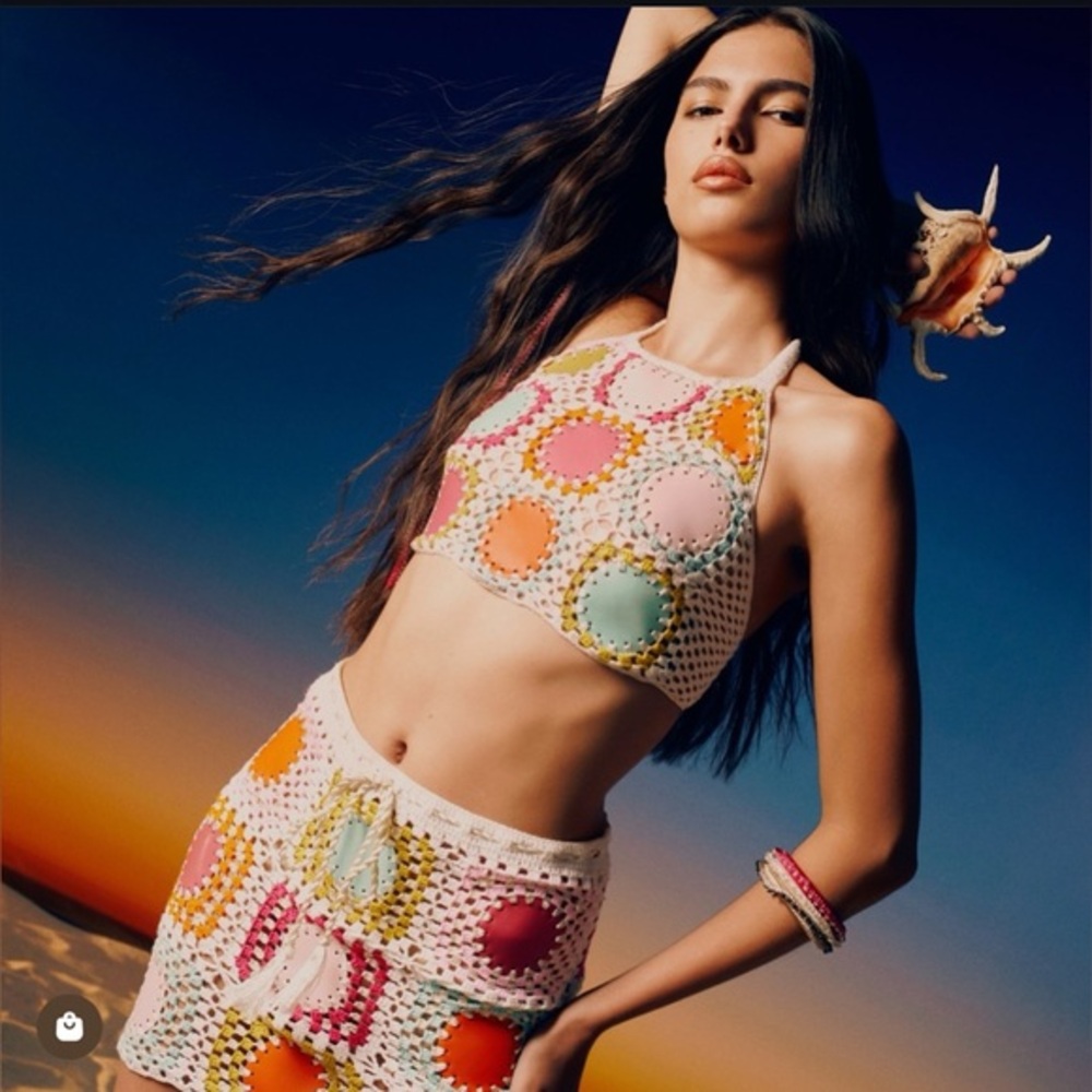 NWT The Beachy Side Crochet Halter Crop Top And Skirt 2Pc Set Multicolor Small